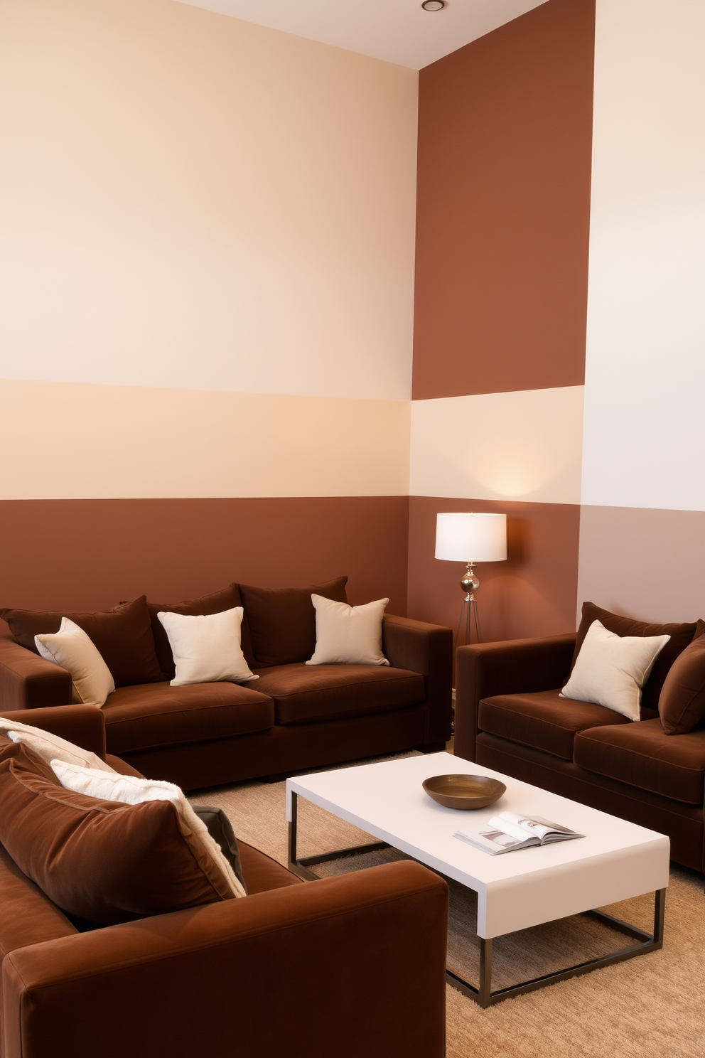 A cozy brown and cream color-blocked wall design creates a warm and inviting atmosphere. The upper section features a soft cream hue that brightens the space, while the lower section showcases a rich brown tone that adds depth. In the living room, plush brown sofas are arranged around a sleek coffee table. Accent pillows in varying shades of cream complement the seating, enhancing the overall elegance of the room.