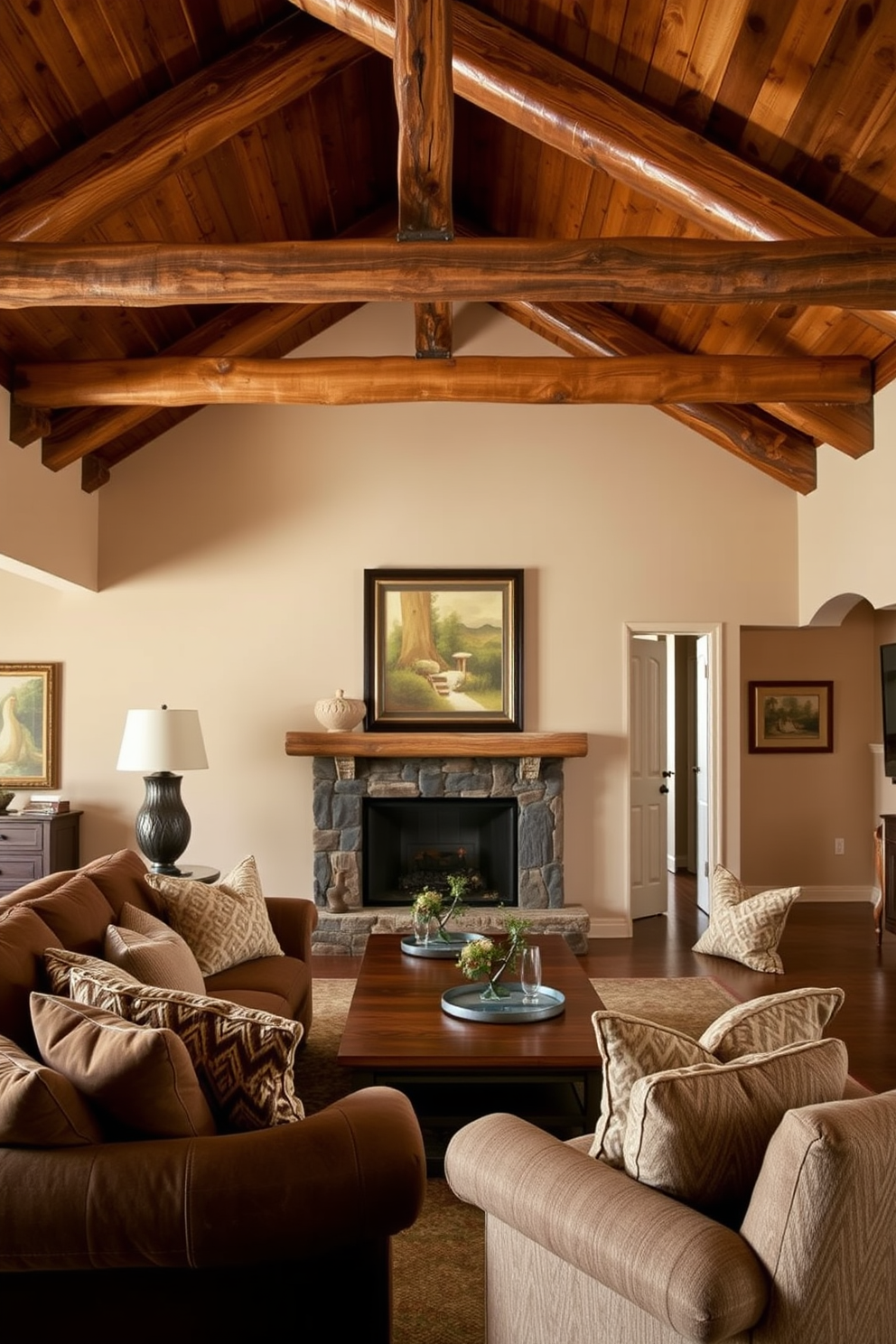 A cozy living room featuring rustic wooden beams that stretch across the ceiling, complemented by rich brown accents throughout the space. The walls are adorned with warm earth tones, and a plush brown sofa invites relaxation, while a wooden coffee table sits centrally, surrounded by textured throw pillows.