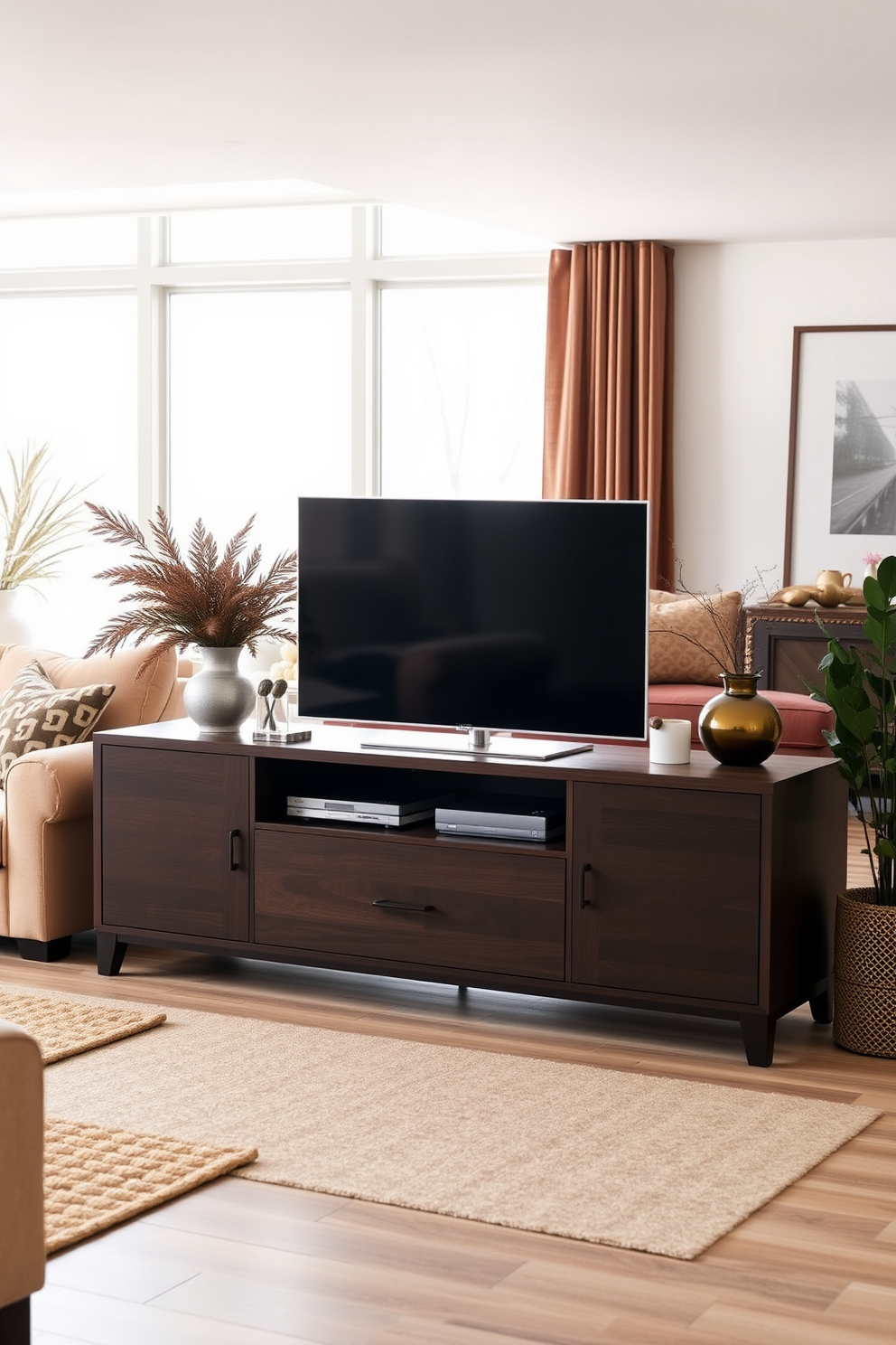 A modern brown media console serves as the focal point of the living room, providing both functionality and style. The console features sleek lines and ample storage space for electronics and decor, seamlessly blending with the overall design. Surrounding the console, the living room is adorned with warm brown tones and plush furnishings, creating a cozy atmosphere. Large windows allow natural light to flood the space, highlighting the rich textures and inviting ambiance.