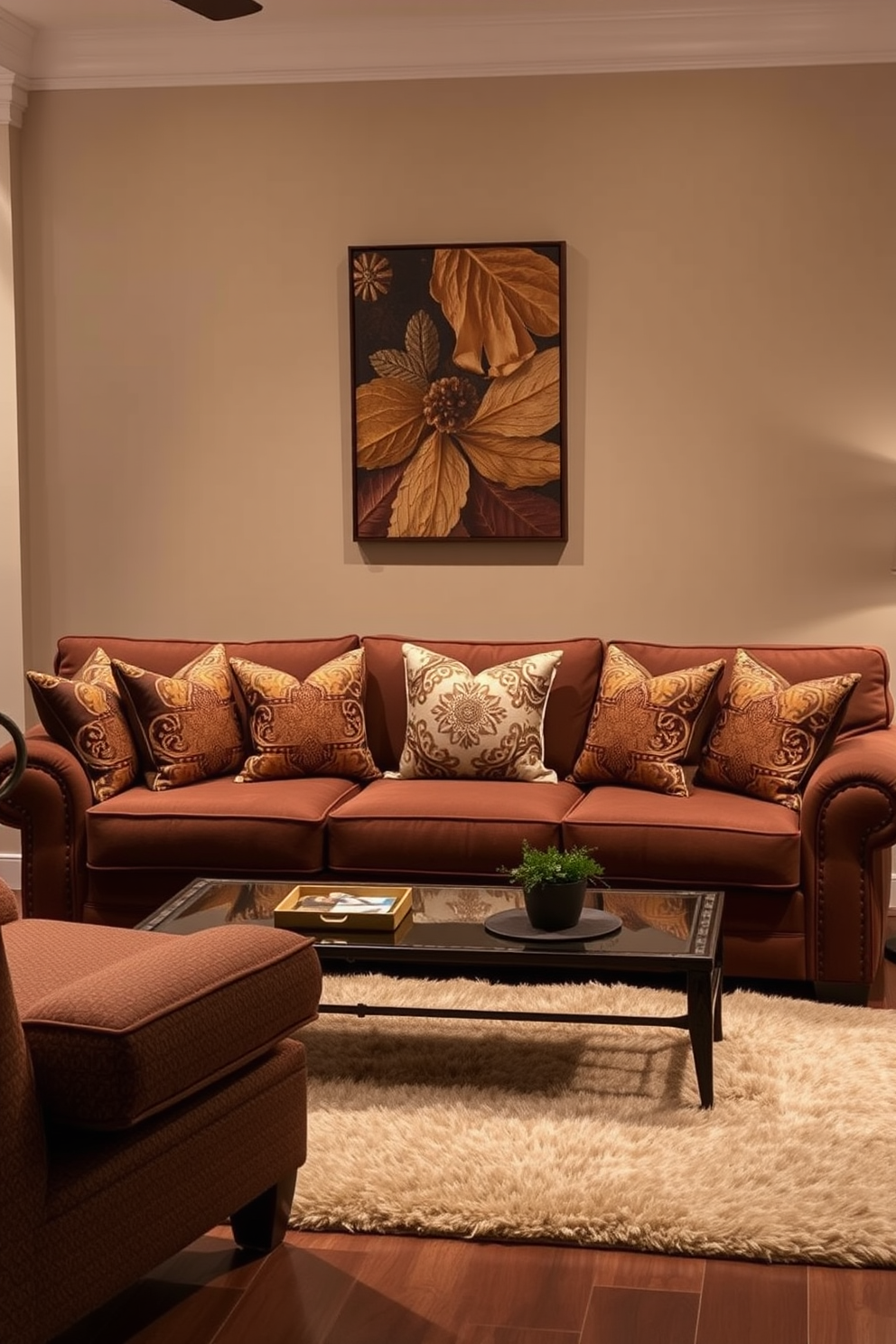 Create a cozy living room featuring a plush brown sofa adorned with accent pillows showcasing intricate brown and gold patterns. The space is illuminated by warm lighting, and a stylish coffee table sits in the center, complemented by a soft area rug that ties the colors together.