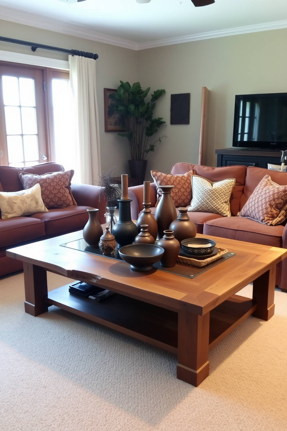 A cozy living room features an accent wall in deep chocolate brown that adds warmth and sophistication to the space. The room is adorned with plush beige sofas and gold accent pillows, creating a perfect contrast against the dark wall. Natural light pours in through large windows, illuminating a stylish coffee table centered on a soft area rug. A collection of framed artwork and decorative shelves adds personality and charm to the inviting atmosphere.