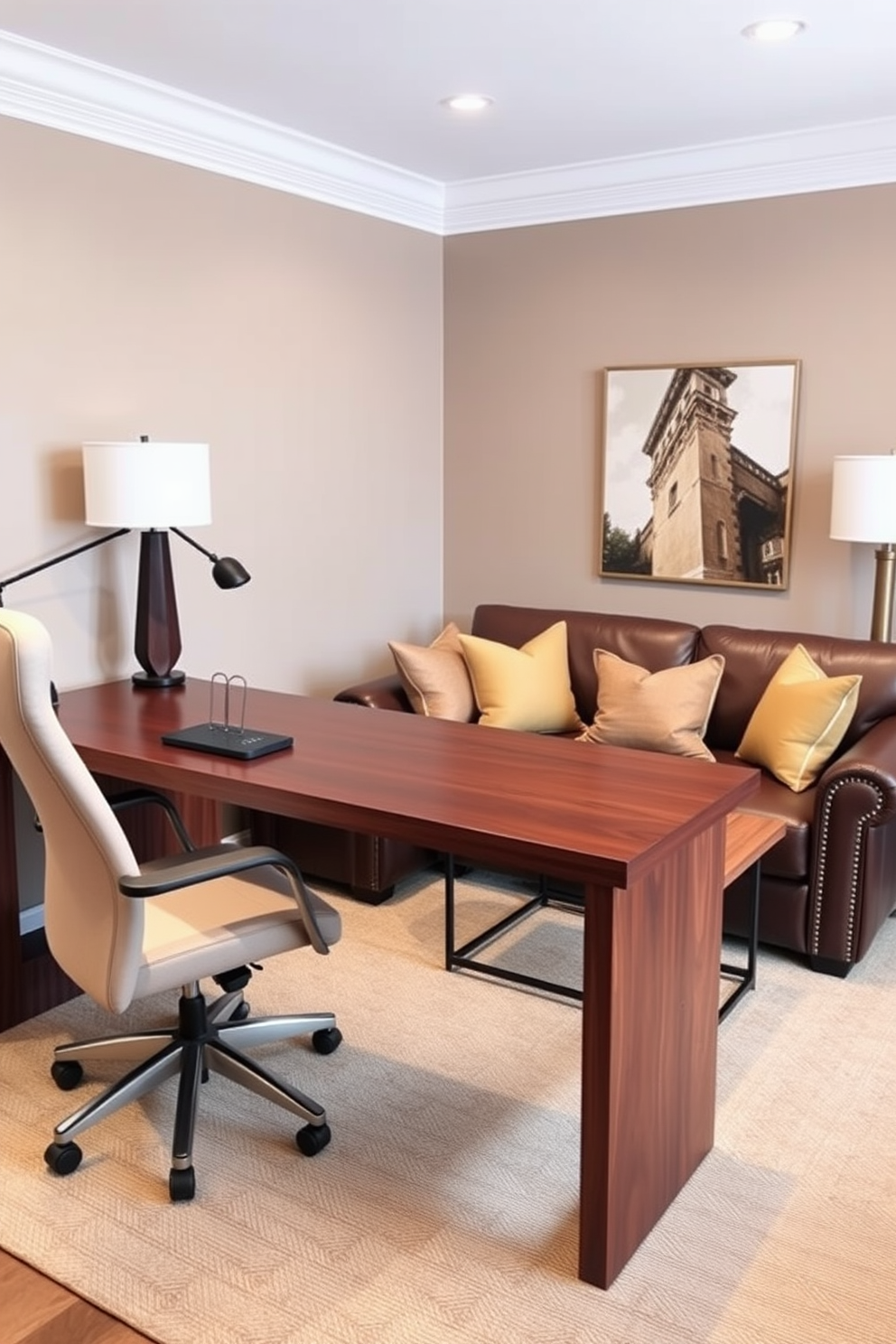 Chic brown desk for a home office area. The desk features a sleek design with a rich walnut finish, complemented by a comfortable ergonomic chair upholstered in soft beige fabric. Brown living room design ideas. The space showcases a cozy sectional sofa in deep chocolate leather, accented with warm gold and cream throw pillows, and a stylish wooden coffee table at the center.