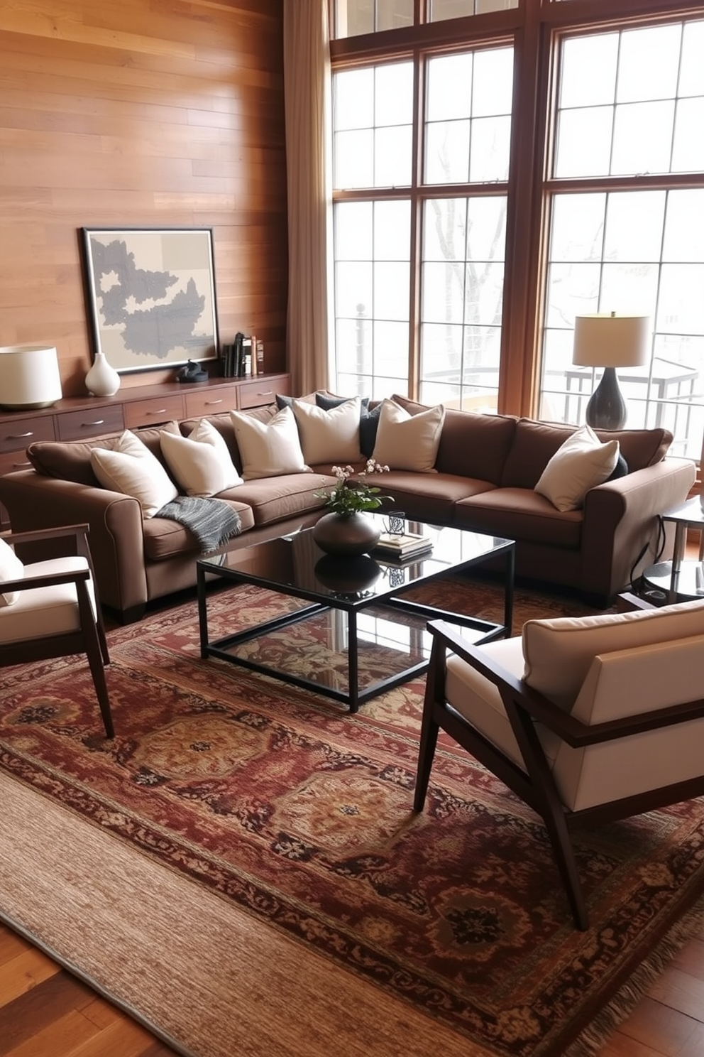 A cozy living room featuring a mix of light and dark brown furniture. The space includes a large sectional sofa in a soft beige fabric paired with a dark brown leather armchair. A wooden coffee table with a rustic finish sits in the center, surrounded by plush area rugs. The walls are adorned with warm-toned artwork, and large windows allow natural light to fill the room.