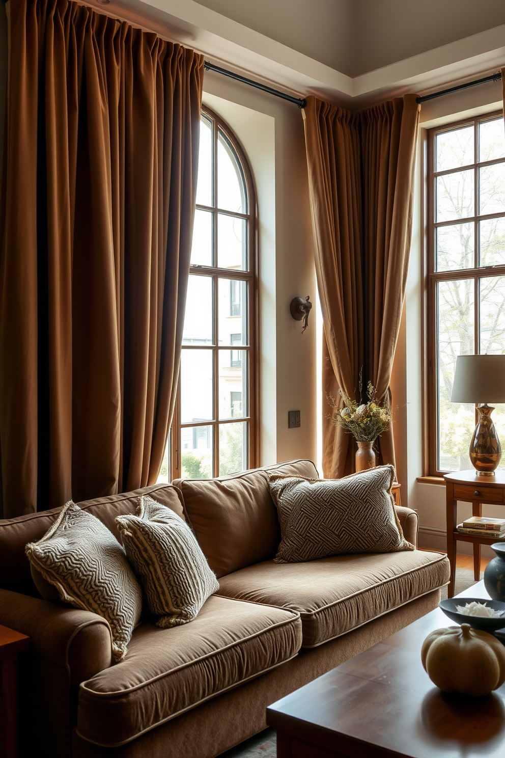 A cozy living room featuring earthy brown curtains that elegantly frame large windows allowing natural light to pour in. The space is accented with a plush brown sofa, complemented by warm wooden furniture and soft, textured throw pillows.