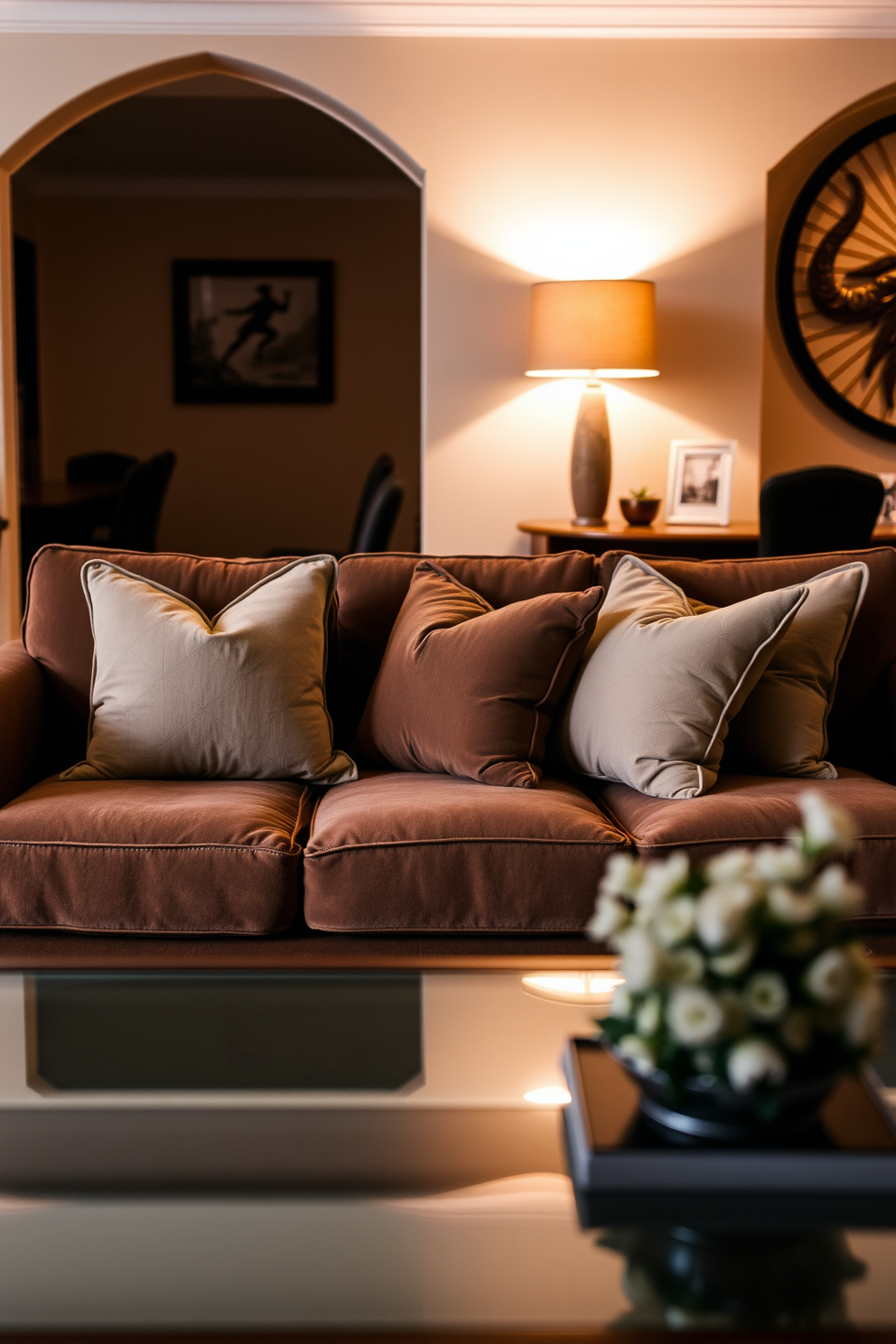 A cozy living room featuring a brown couch adorned with soft taupe pillows. The space is illuminated by warm lighting, creating an inviting atmosphere with a stylish coffee table in front.