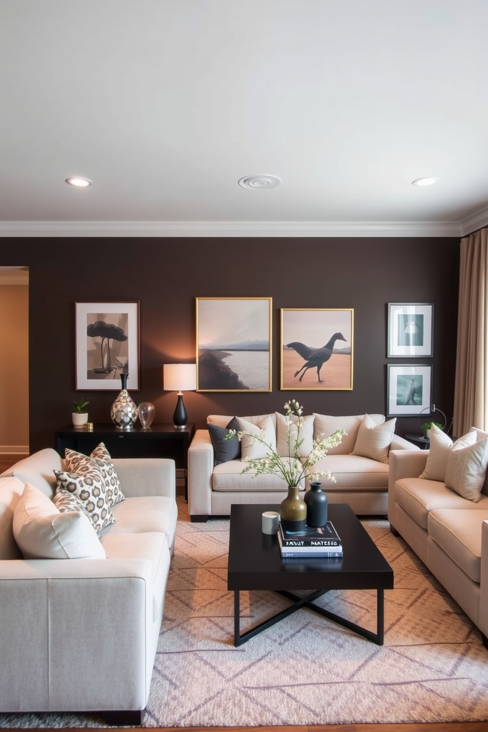 A cozy living room featuring a dark brown accent wall adorned with contemporary artwork. The space is filled with plush seating, a stylish coffee table, and warm lighting to create an inviting atmosphere.