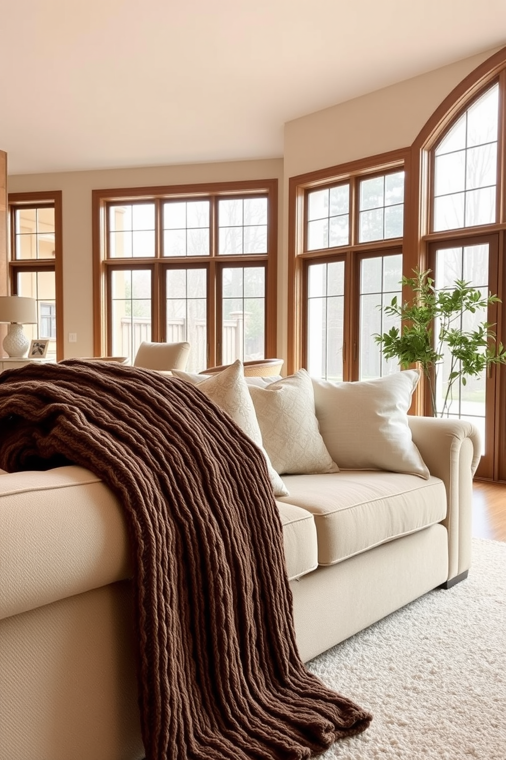 Cozy brown knit throw draped over a plush sofa in a warm and inviting living room. The walls are painted in a soft beige hue, and large windows allow natural light to flood the space, highlighting the rich textures of the furnishings.