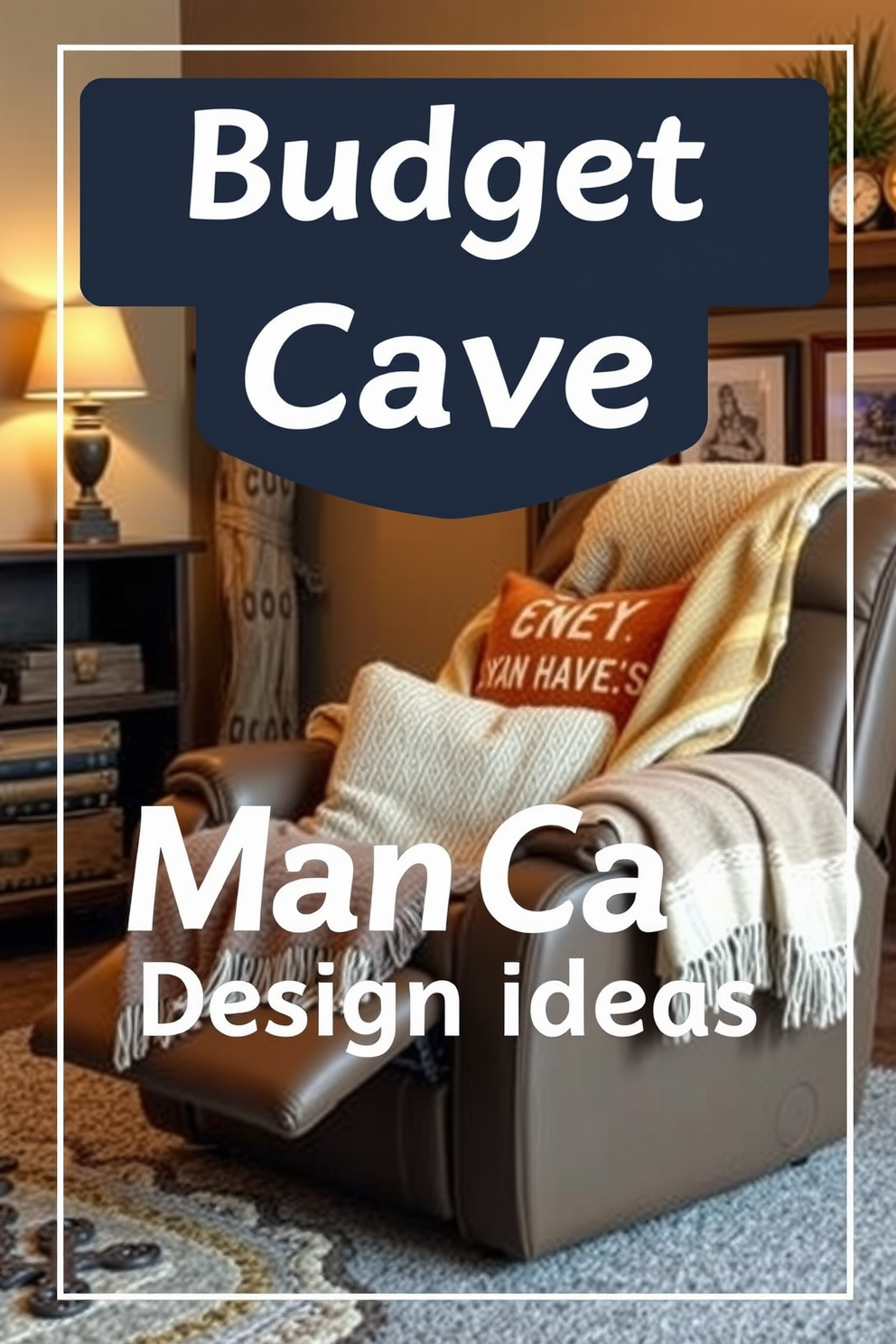 Cozy recliner with throw blankets. The room features a warm color palette with soft lighting and rustic wood accents. Budget man cave design ideas. Incorporate multifunctional furniture and DIY decor elements to maximize comfort and style.