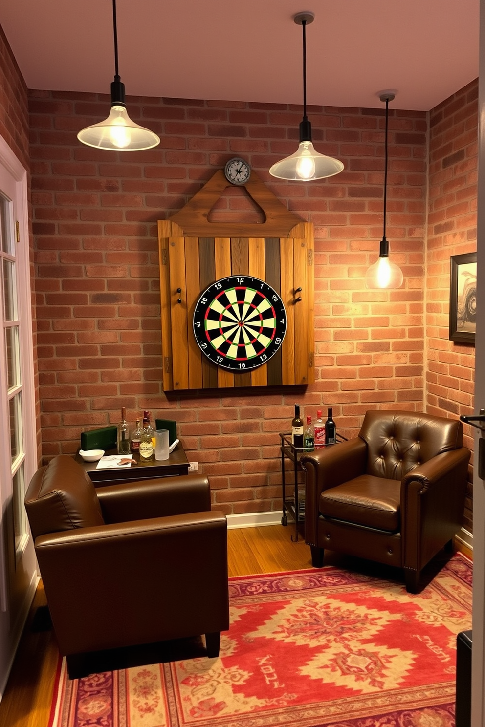 A cozy DIY dartboard area featuring a rustic wooden board mounted on a brick wall. Ambient lighting from stylish pendant fixtures illuminates the space, creating an inviting atmosphere. The floor is adorned with a vintage-style rug, and a small bar cart sits nearby stocked with drinks. Comfortable seating options include a couple of leather armchairs positioned for optimal viewing of the dartboard.