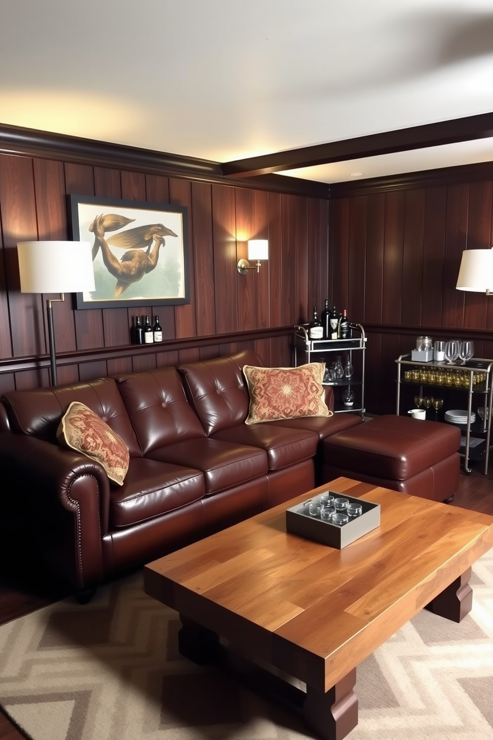 A faux leather sofa in a rich brown color anchors the room, complemented by a vintage coffee table made of reclaimed wood. The walls are adorned with dark wood paneling, and a large area rug with geometric patterns adds warmth to the space. In one corner, a sleek bar cart displays an array of spirits and glassware, enhancing the man cave vibe. Soft ambient lighting from stylish floor lamps creates an inviting atmosphere perfect for relaxation and entertainment.