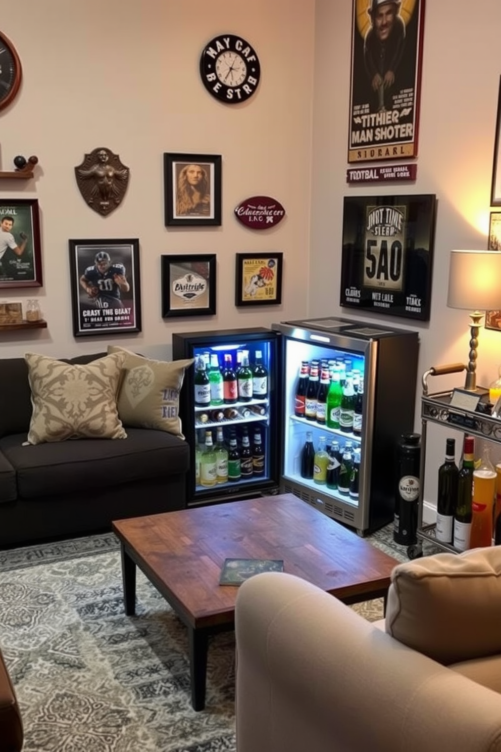 A cozy mini fridge is tucked into the corner of a stylish man cave, stocked with an assortment of favorite drinks including craft beers and refreshing sodas. The surrounding space features comfortable seating with a plush sofa and a rustic coffee table, creating an inviting atmosphere for relaxation and entertainment. The walls are adorned with sports memorabilia and framed posters, adding a personal touch to the design. Soft ambient lighting casts a warm glow, enhancing the overall vibe of the man cave while a small bar cart stands nearby for easy access to additional refreshments.