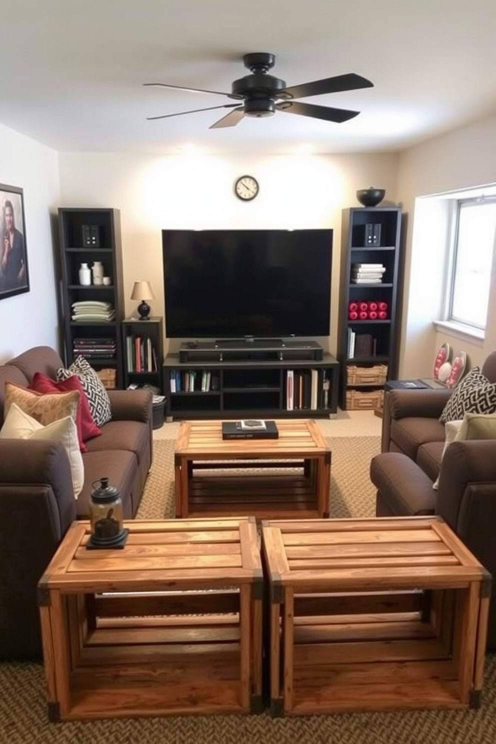 A cozy man cave featuring custom-built shelves filled with an array of books and decorative items. The design incorporates a plush sectional sofa, a coffee table made of reclaimed wood, and ambient lighting that creates a warm and inviting atmosphere.