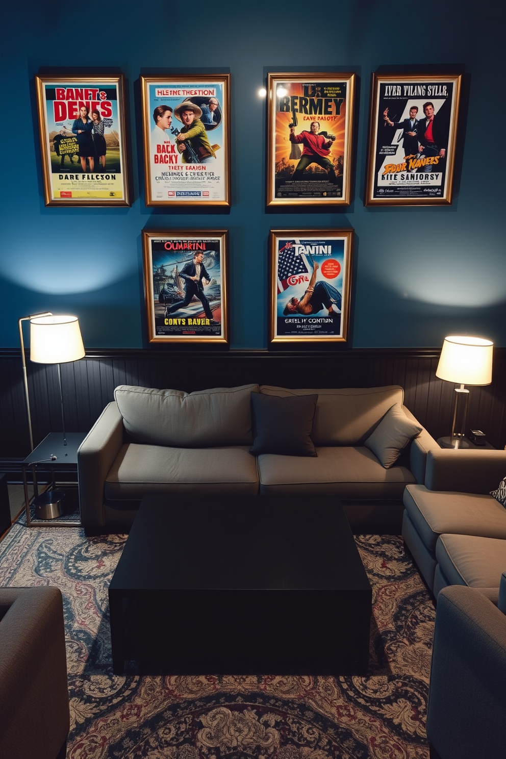 Framed vintage movie posters adorn the walls, creating a nostalgic atmosphere that celebrates classic cinema. The color palette features deep blues and grays, complemented by a plush sectional sofa that invites relaxation. A sleek coffee table sits at the center, surrounded by comfortable seating options. Ambient lighting from stylish floor lamps enhances the inviting vibe, making it the perfect space for movie nights and gatherings.