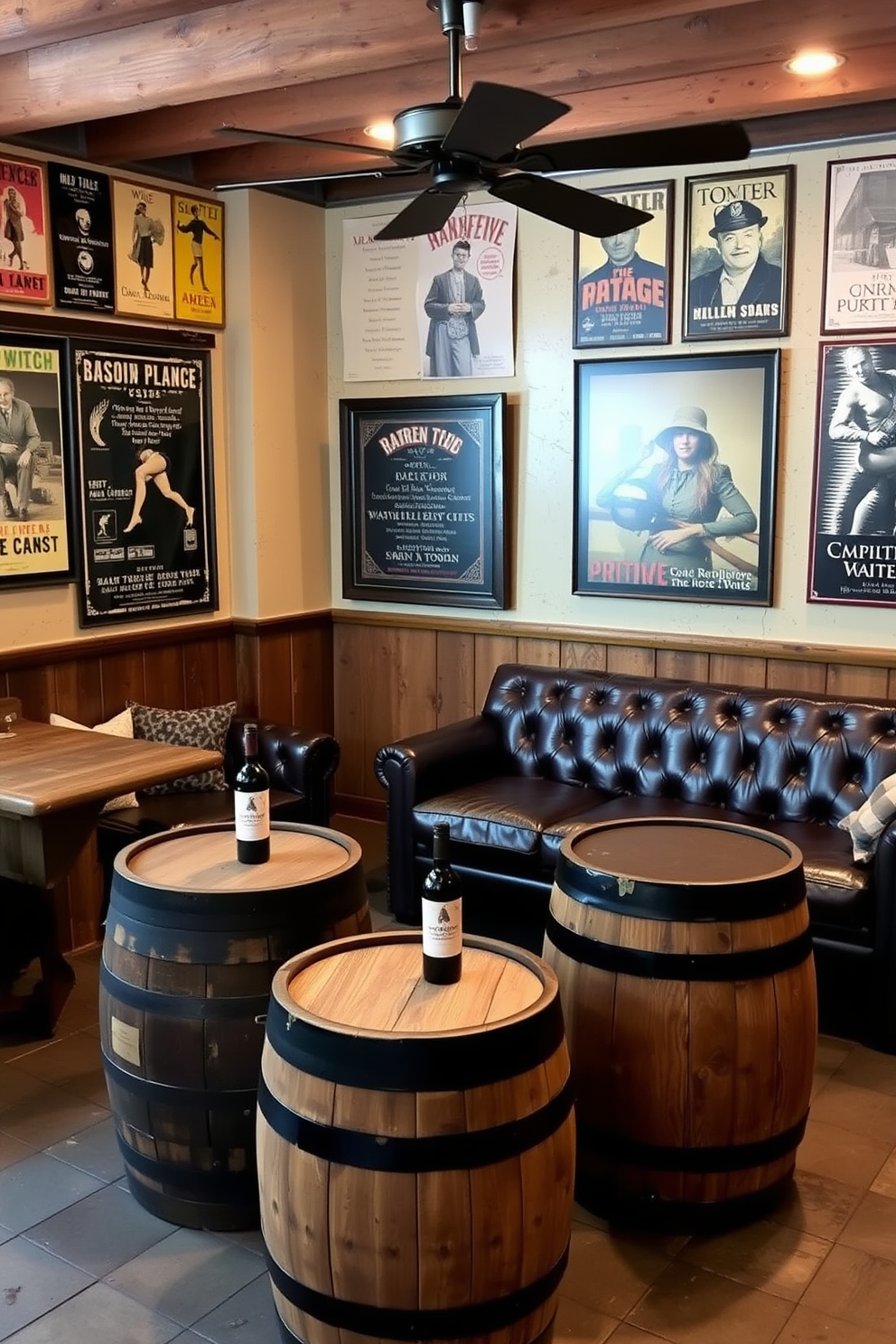 A cozy man cave featuring repurposed wine barrels as tables. The space is adorned with rustic decor, including vintage posters and leather seating, creating a warm and inviting atmosphere.