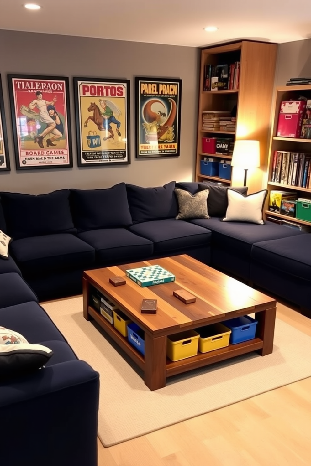 A cozy board games corner featuring a large, comfortable sectional sofa in a rich navy blue fabric. The walls are adorned with framed vintage board game posters, and a stylish coffee table made of reclaimed wood sits at the center. Incorporated storage solutions include a custom-built shelving unit filled with an array of board games and colorful storage bins. Soft ambient lighting from a modern floor lamp creates a warm and inviting atmosphere perfect for game nights.