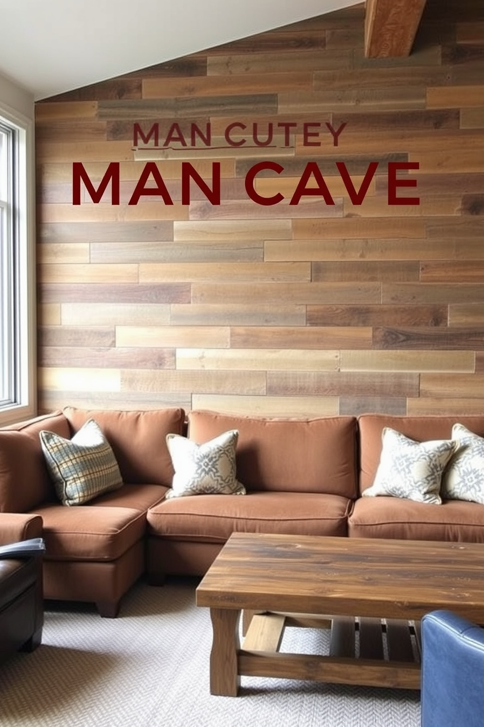 Create a cozy man cave featuring an accent wall made of reclaimed wood that adds warmth and character to the space. Incorporate comfortable seating options, such as a plush sectional sofa and a rustic coffee table, to enhance the inviting atmosphere.