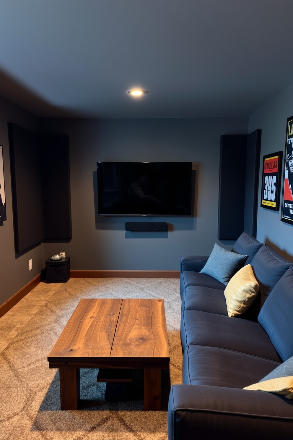 A cozy man cave featuring vintage posters on the walls. The space includes a comfortable leather sofa, a rustic wooden coffee table, and a vintage arcade game in the corner. The walls are adorned with a collection of retro movie and music posters in various sizes. Soft ambient lighting creates a warm atmosphere, perfect for relaxation and entertainment.