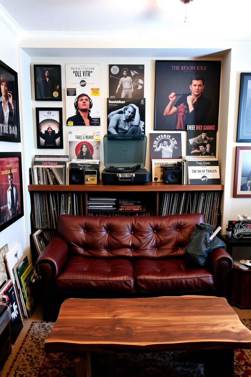 A cozy man cave featuring a plush sectional sofa adorned with colorful throw pillows for added comfort. The walls are painted in a deep navy blue, and a rustic wooden coffee table sits in the center, surrounded by a vintage rug.