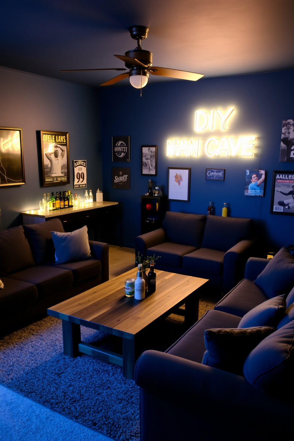 A cozy man cave featuring a DIY neon sign that adds a personal touch to the space. The walls are painted in a deep blue hue, and plush seating is arranged around a central coffee table made of reclaimed wood. In one corner, a small bar area is stocked with favorite beverages and accented by warm LED lighting. The room is completed with sports memorabilia and framed posters that reflect personal interests and hobbies.