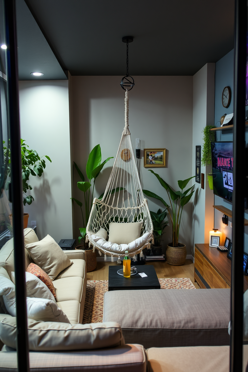 A cozy relaxation spot featuring a hammock chair suspended from the ceiling. The area is filled with soft cushions and a small side table for drinks, surrounded by plants for a tranquil atmosphere. A stylish budget man cave designed for entertainment and comfort. The space includes a comfortable sofa, a coffee table, and a wall-mounted TV, decorated with sports memorabilia and ambient lighting.