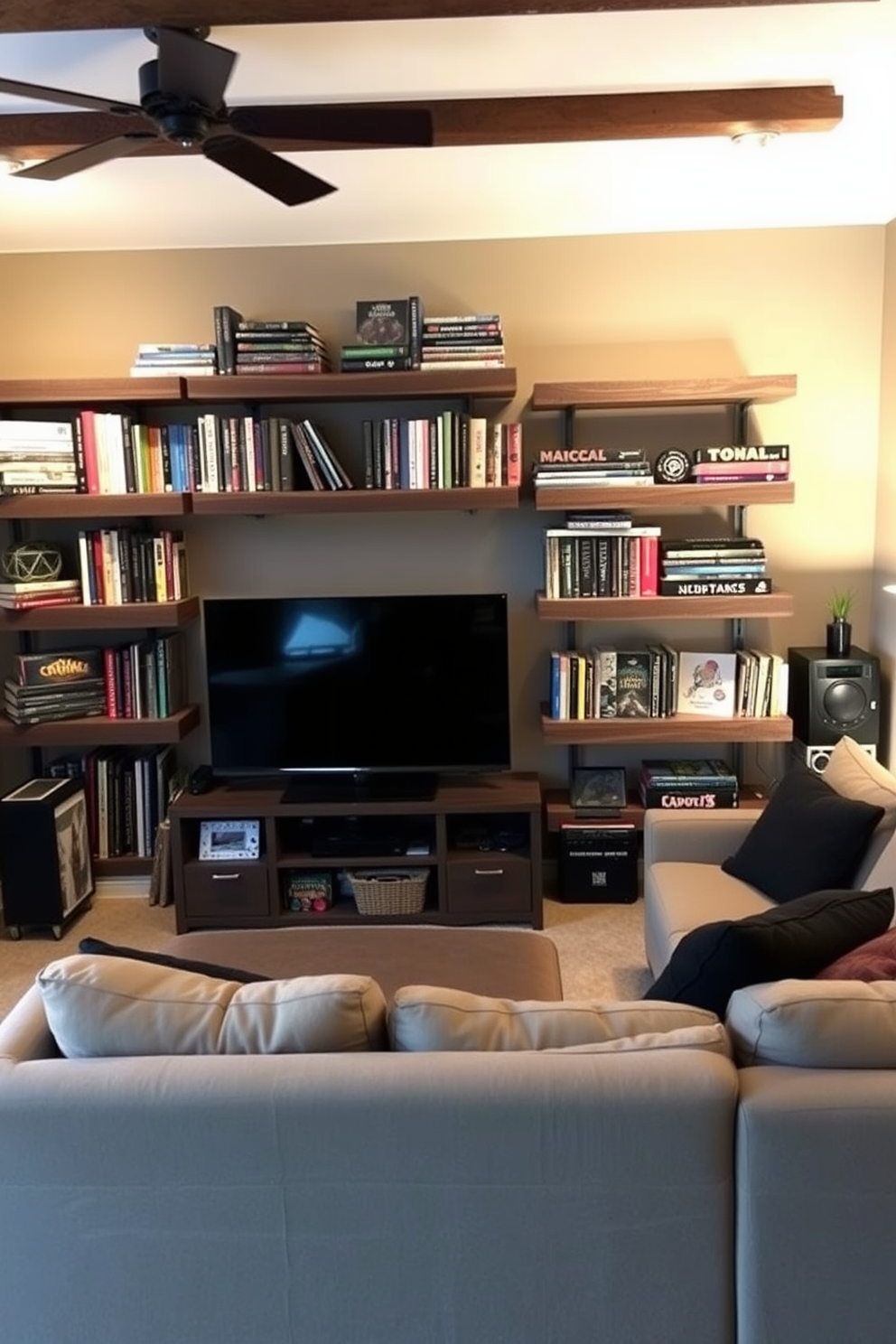 A cozy man cave featuring wall-mounted shelves filled with books and games. The shelves are made of reclaimed wood, adding a rustic charm to the space. A comfortable seating area with a plush sectional sofa faces a large flat-screen TV. Soft lighting creates a warm and inviting atmosphere, perfect for relaxation and entertainment.