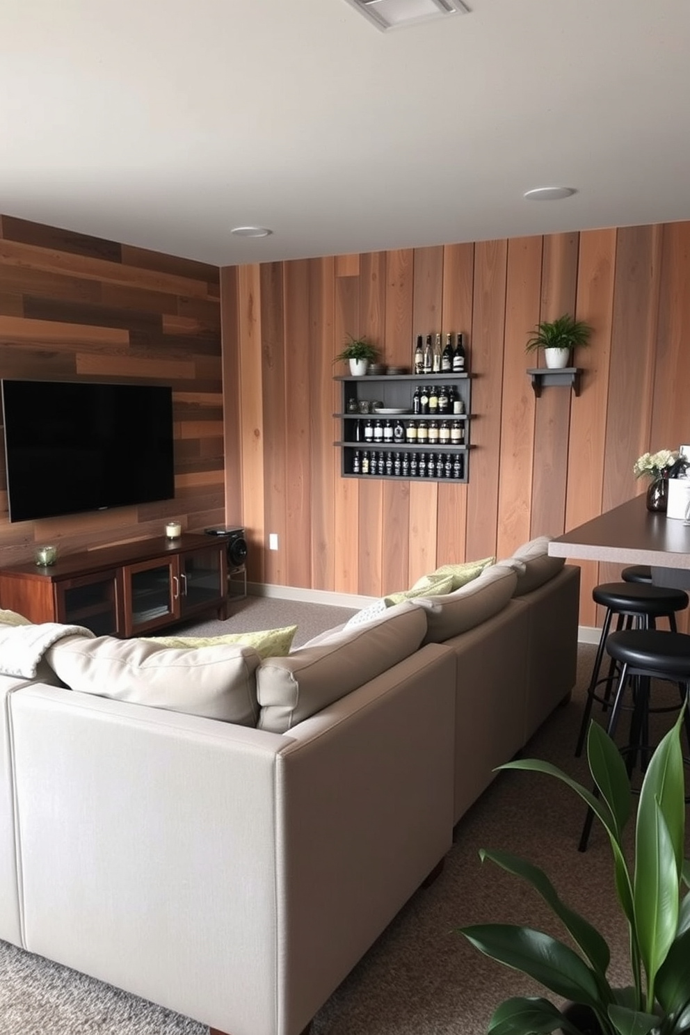 A cozy man cave featuring a comfortable sectional sofa in a neutral color. The walls are adorned with rustic wood paneling and there is a large flat-screen TV mounted above a low-profile media console. In one corner, a small bar area is set up with high stools and shelves stocked with various beverages. Simple indoor plants are placed strategically throughout the space to add a touch of freshness and vibrancy.