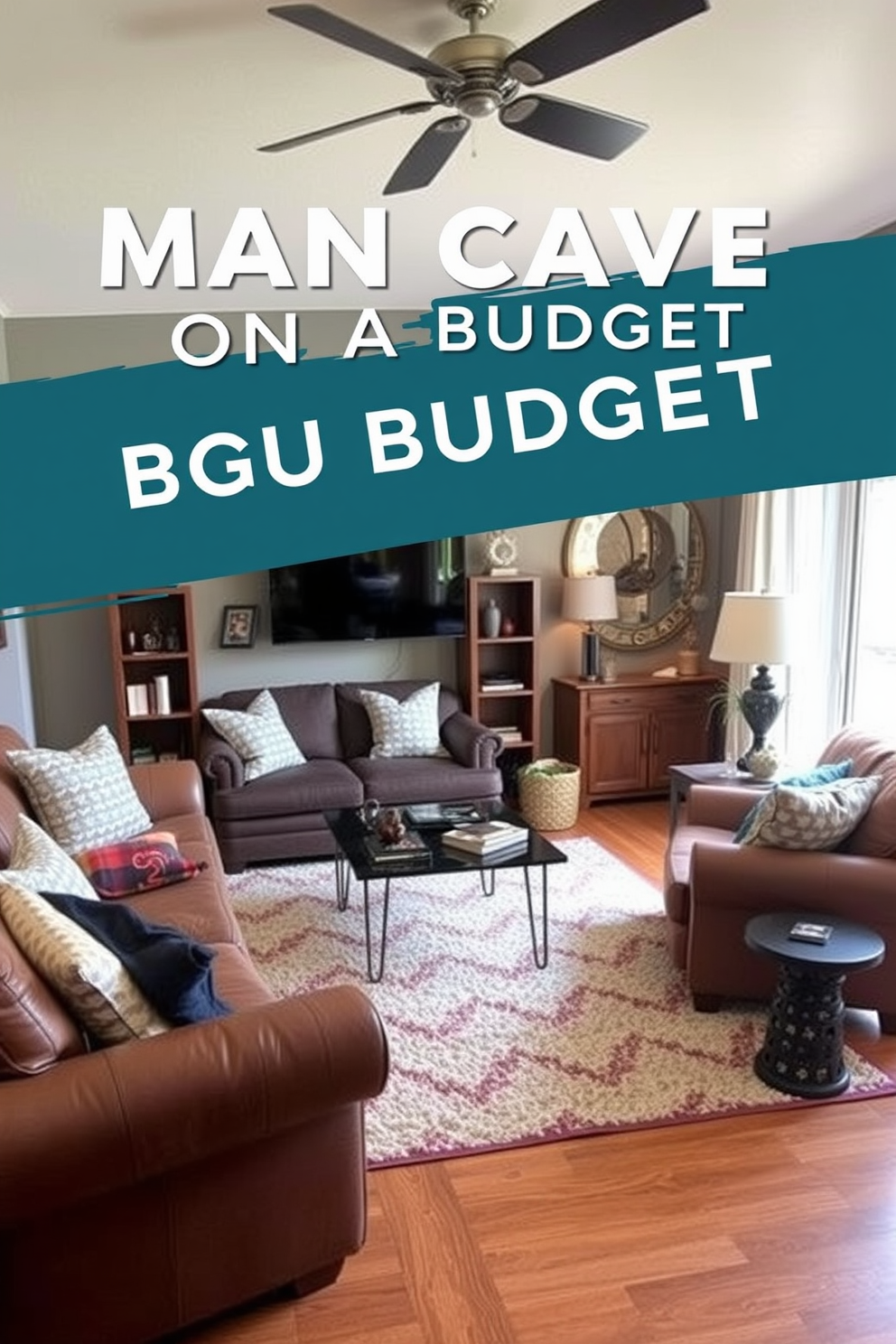 A cozy man cave designed on a budget features a soft low-cost area rug that adds warmth underfoot. The space is furnished with comfortable seating options and accent pieces that reflect personal style while keeping costs low.