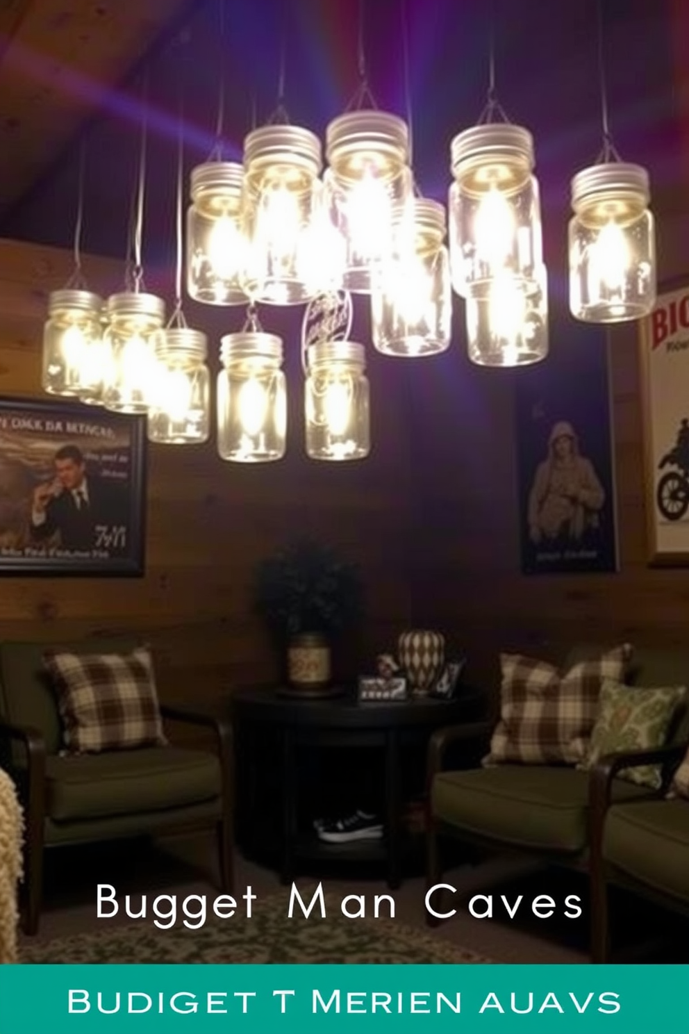 Creative lighting with mason jars. Imagine a cozy space where soft, warm light spills from beautifully arranged mason jars hung at varying heights, creating an inviting atmosphere. Budget man cave design ideas. Picture a relaxed environment featuring a mix of repurposed furniture, comfortable seating, and personal memorabilia that reflects your interests while staying within a budget.