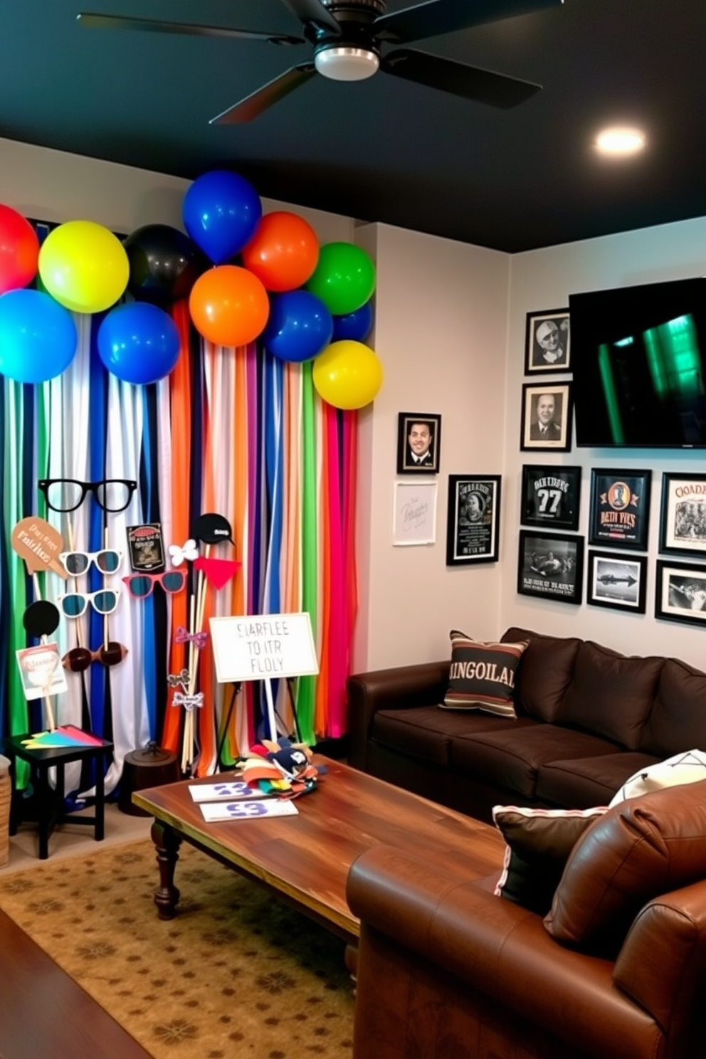 A cozy DIY photo booth area featuring a backdrop of colorful balloons and streamers. Various props like oversized sunglasses, hats, and fun signs are arranged on a nearby table for guests to enjoy. A stylish man cave designed on a budget with a comfortable sectional sofa and a rustic coffee table. The walls are adorned with framed sports memorabilia and a large flat-screen TV is mounted for the ultimate viewing experience.