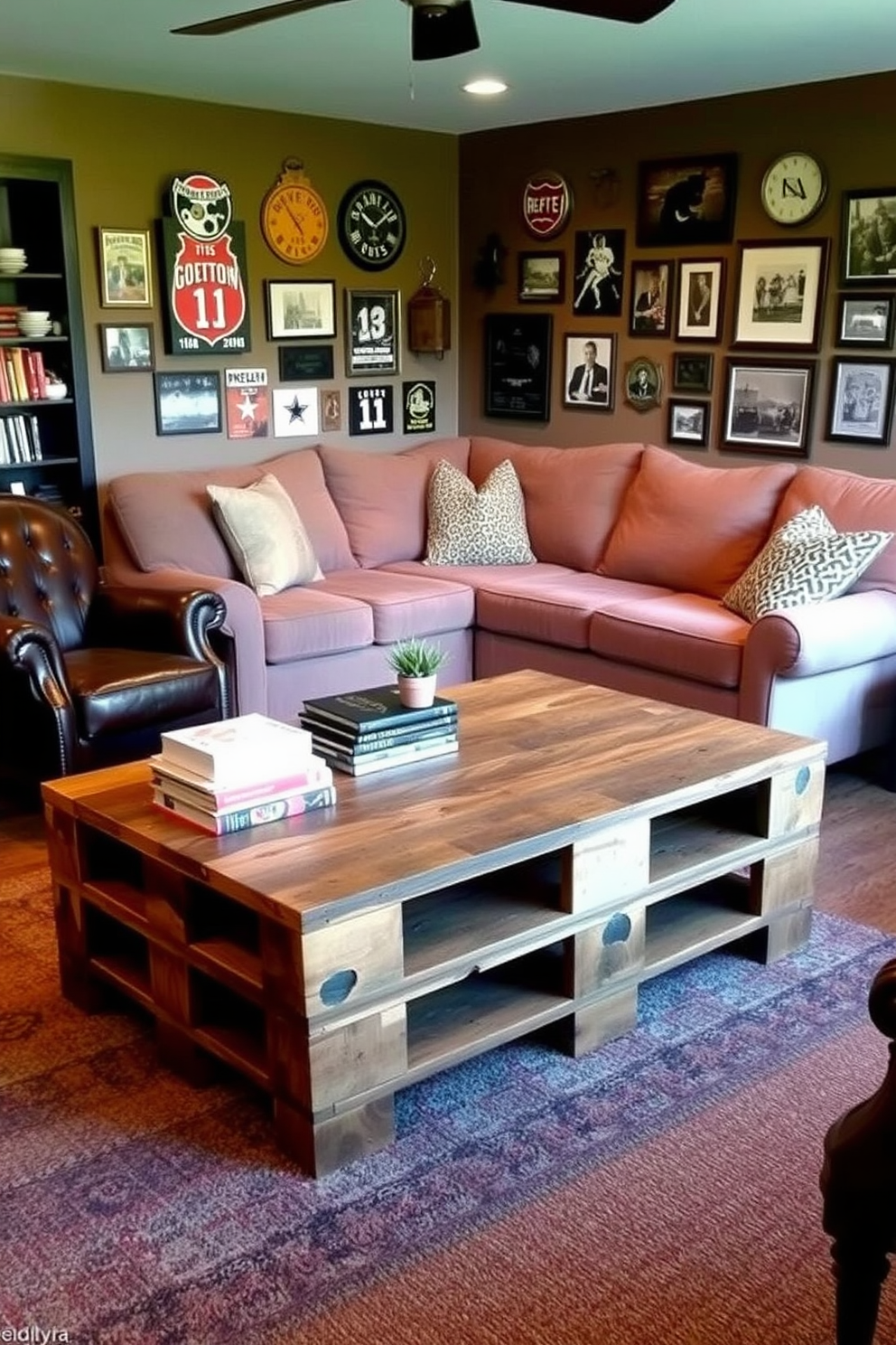 A rustic DIY pallet wood coffee table sits in the center of a cozy man cave. The table is adorned with a few stacked books and a small potted plant, creating a warm and inviting atmosphere. Surrounding the table are comfortable seating options, including a plush sectional sofa and a couple of vintage armchairs. The walls are decorated with sports memorabilia and framed photographs, reflecting personal interests and hobbies.