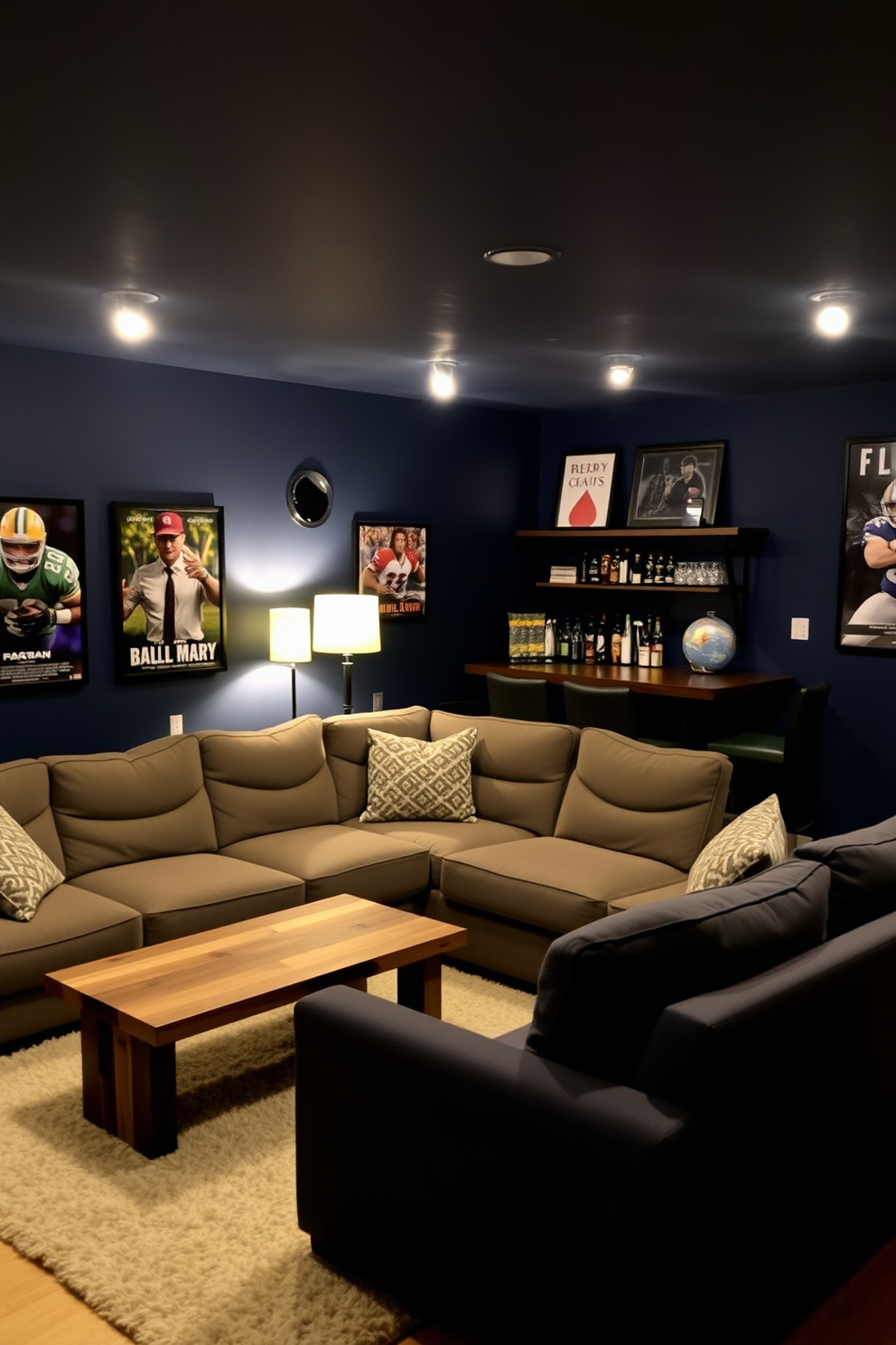 A cozy man cave featuring mood lighting created by inexpensive lamps scattered throughout the space. The walls are painted in a deep navy blue, and a plush sectional sofa invites relaxation, complemented by a sleek coffee table made of reclaimed wood. In one corner, a small bar area showcases a stylish yet budget-friendly setup with a few bar stools and shelves stocked with drinks. The floor is adorned with a soft area rug, adding warmth to the room, while framed posters of favorite movies and sports teams decorate the walls.