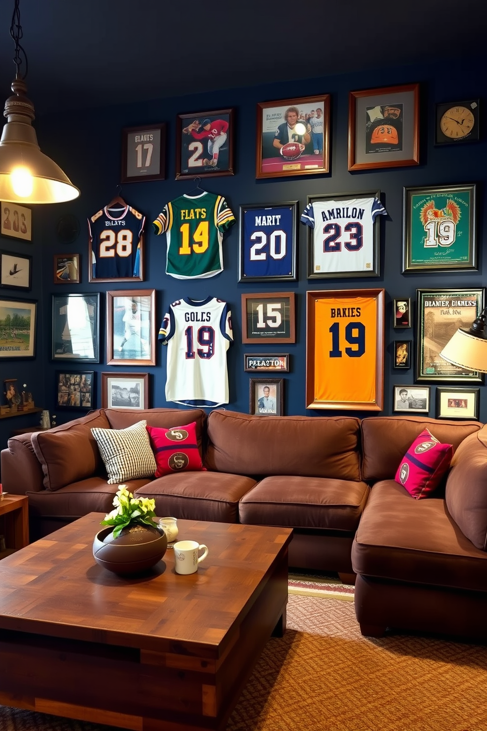 A vintage sports memorabilia wall display features an array of framed jerseys, signed photographs, and collectible items arranged in a visually appealing manner. The wall is painted in a deep navy blue, which complements the rich wood tones of the surrounding furniture. Budget man cave design ideas include a cozy seating area with a sectional sofa upholstered in durable fabric and a reclaimed wood coffee table. Ambient lighting is provided by industrial-style lamps, creating a warm and inviting atmosphere for relaxation and entertainment.