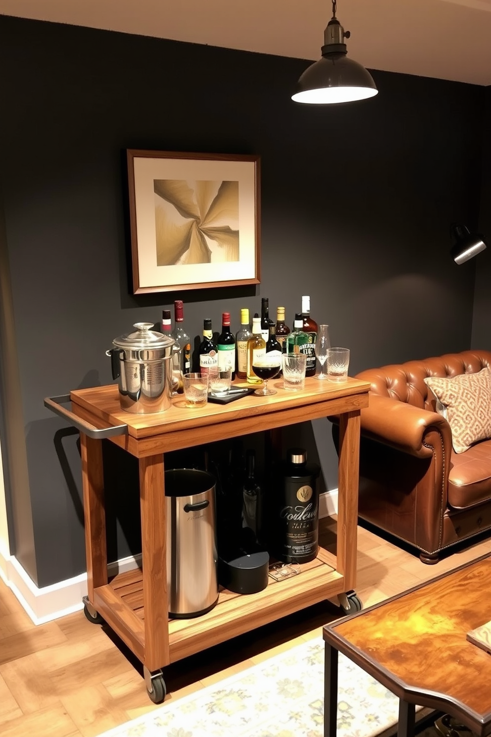 A stylish repurposed bar cart serves as a drinks station in a cozy man cave. The cart features a rustic wood finish and is adorned with an array of premium spirits, elegant glassware, and a decorative ice bucket. The seating area includes a plush leather sofa paired with a vintage coffee table. Ambient lighting from industrial-style lamps creates a warm and inviting atmosphere perfect for relaxation and entertainment.