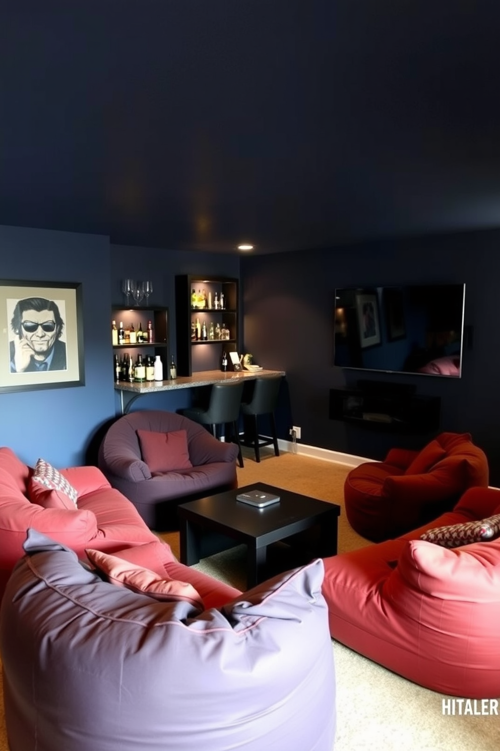 A cozy man cave featuring comfortable bean bags arranged around a low coffee table. The walls are painted in a dark navy blue, and soft lighting creates a warm and inviting atmosphere. In one corner, a small bar area is set up with shelves displaying various drinks and glassware. A large flat-screen TV is mounted on the opposite wall, perfect for watching movies or playing video games.