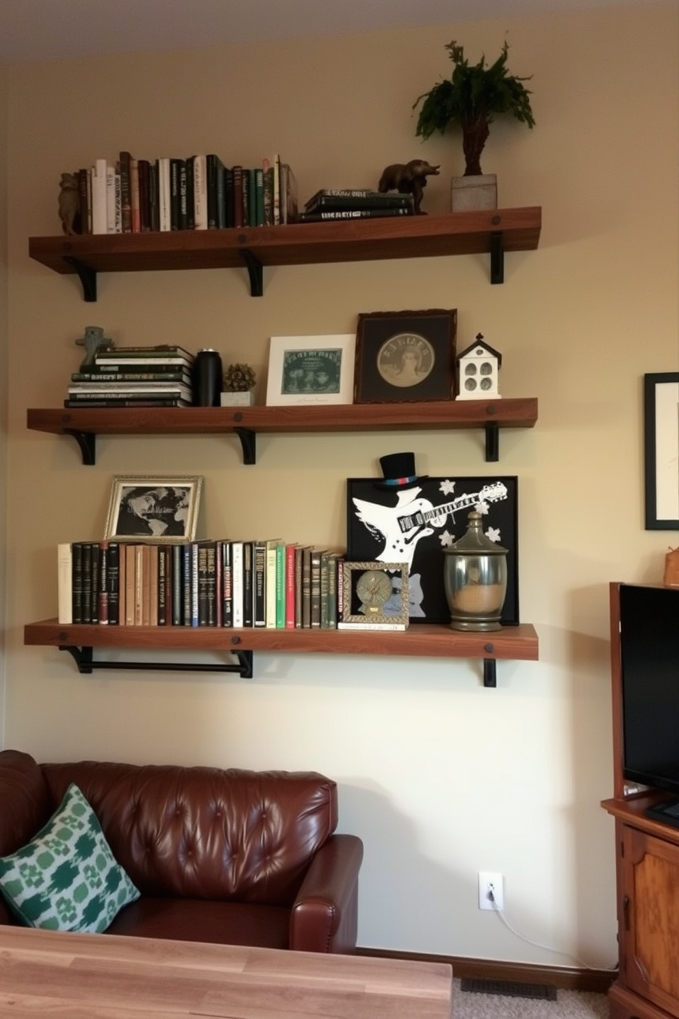 Rustic wooden shelves are mounted on the wall, showcasing a collection of vintage books and unique decor items. The shelves are made from reclaimed wood, adding warmth and character to the space. The man cave features a cozy seating area with a leather sofa and a reclaimed wood coffee table. Ambient lighting creates a relaxed atmosphere, perfect for entertaining friends or enjoying a quiet evening.