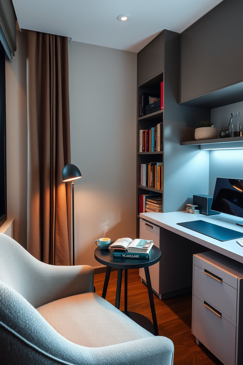 A cozy corner filled with natural light features a comfortable armchair in a soft fabric, positioned next to a large window that invites sunlight in. A small wooden side table holds a stack of books and a steaming cup of tea, creating an inviting reading nook. The walls are painted in a warm neutral tone, complemented by a plush area rug that adds texture to the space. Shelves lined with greenery and personal mementos create a personalized touch, making it the perfect budget-friendly study room design.