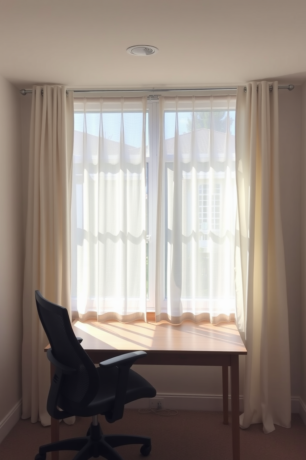 A serene budget study room filled with natural light streaming through sheer curtains. The space features a simple wooden desk paired with a comfortable ergonomic chair, creating an inviting workspace.