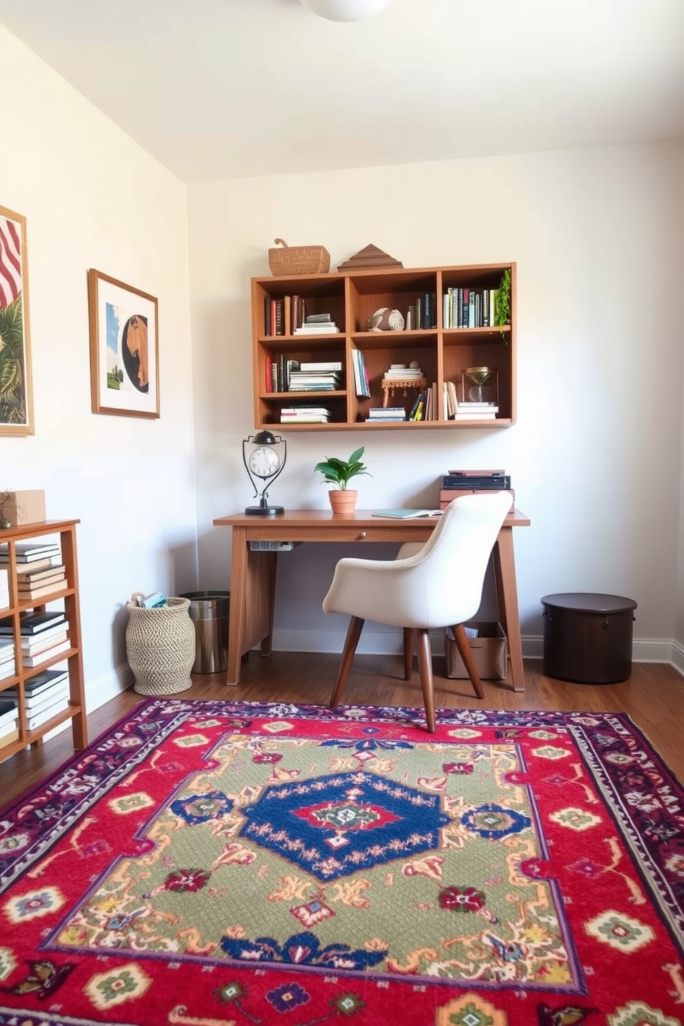 A cozy budget study room featuring a colorful rug that defines the space. The room includes a simple wooden desk with a comfortable chair, and shelves filled with books and decorative items. The walls are painted in a soft neutral tone to enhance the vibrant colors of the rug. A small potted plant sits on the desk, adding a touch of greenery and warmth to the environment.