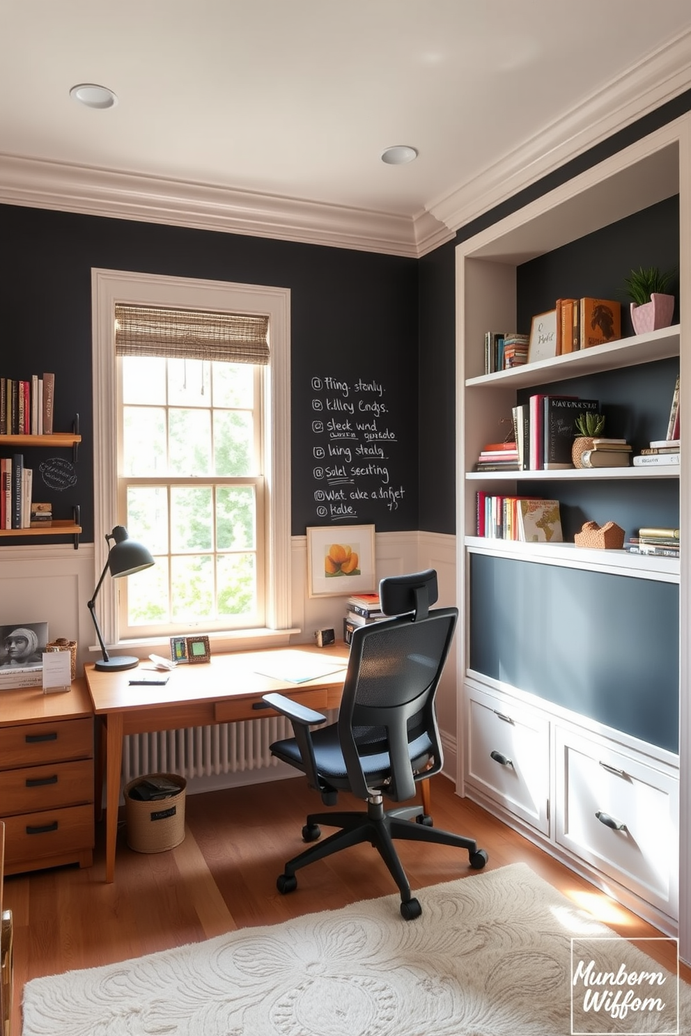 A cozy study room featuring a chalkboard wall that serves as a functional space for notes and reminders. The room is filled with natural light from a large window, complemented by a wooden desk and a comfortable ergonomic chair. The floor is adorned with a soft area rug that adds warmth to the space. Shelves filled with books and decorative items line the walls, creating an inviting atmosphere for focused study sessions.