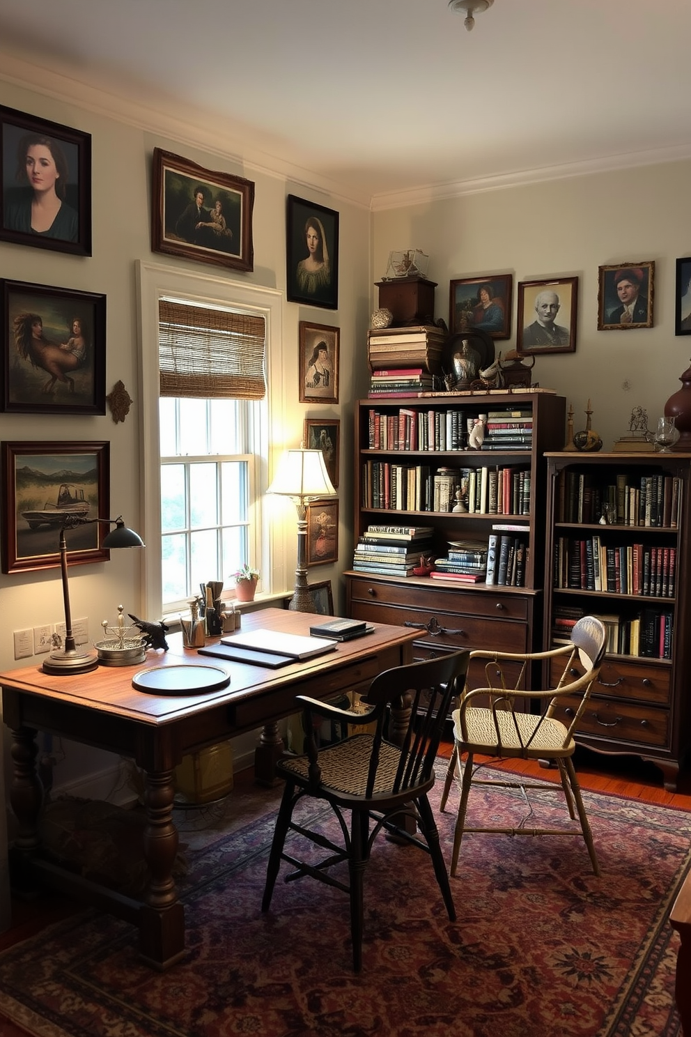 A cozy study room filled with vintage finds that add unique character. The walls are adorned with eclectic artwork, and a rustic wooden desk sits against the window, surrounded by mismatched chairs. A vintage bookshelf brimming with books and curiosities stands in one corner. Soft lighting from an antique lamp creates a warm ambiance, while a patterned rug anchors the space.