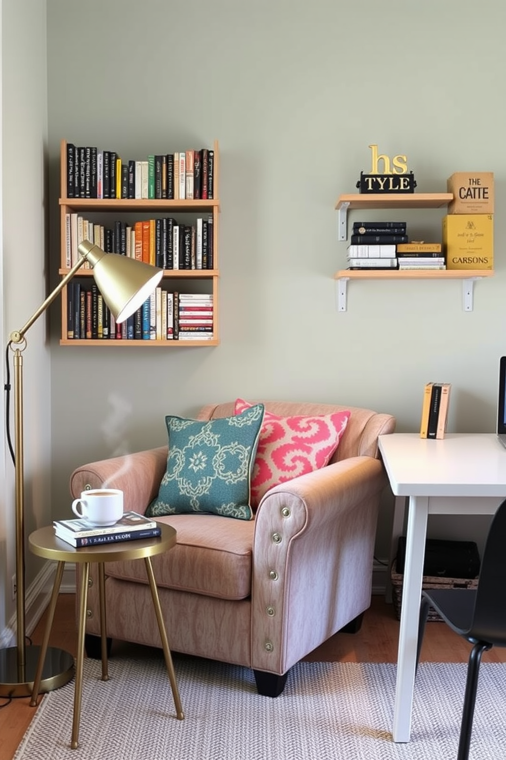 Create a cozy reading nook featuring a plush armchair adorned with colorful cushions. A small side table holds a stack of books and a steaming cup of tea, while a floor lamp casts a warm glow in the corner. Design a budget-friendly study room that maximizes space and functionality. Incorporate a simple desk with a comfortable chair, shelves for organization, and a calming color palette to enhance focus.