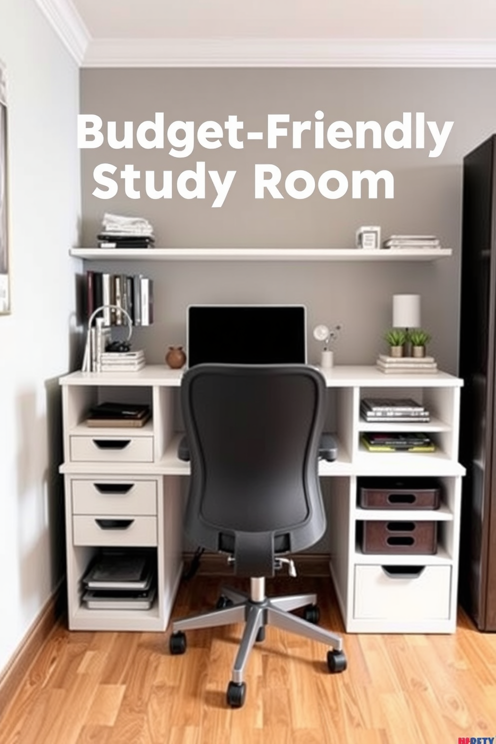 A budget-friendly study room design that maximizes under-desk storage for a clutter-free environment. The space features a minimalist desk with built-in shelves and drawers, complemented by a comfortable ergonomic chair.