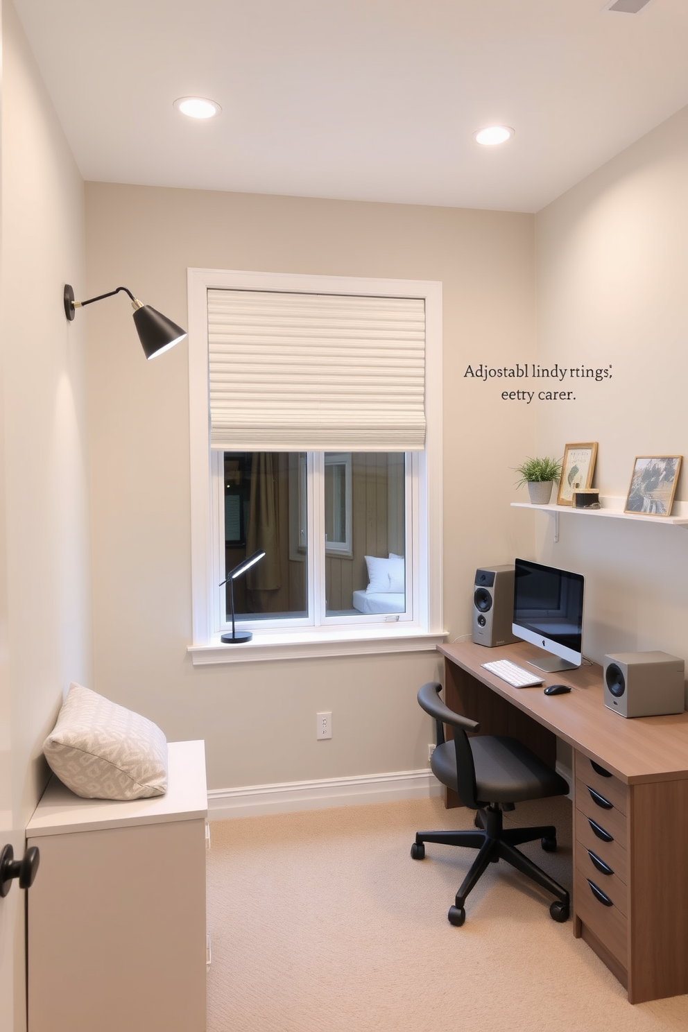 A cozy budget study room designed for functionality and comfort. The room features a small wooden bookshelf filled with books and resources, positioned against a light-colored wall. A simple desk with a comfortable chair is placed near a window, allowing natural light to illuminate the workspace. Soft lighting fixtures and a few decorative plants enhance the inviting atmosphere of the room.