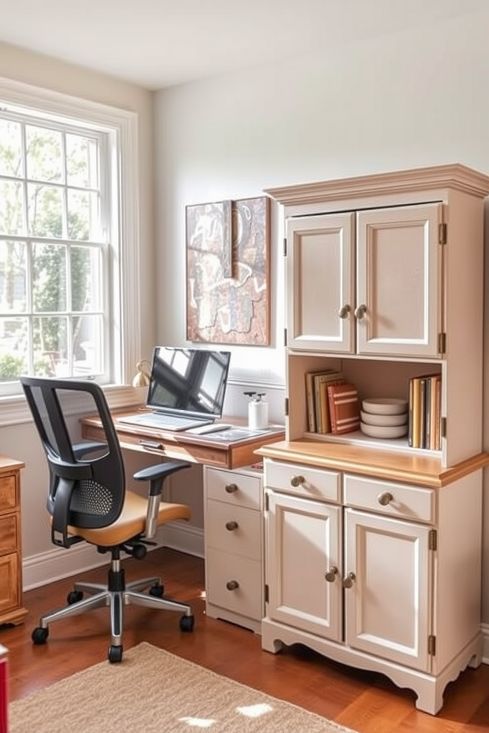 A cozy budget study room featuring a repurposed old cabinet transformed into a stylish storage solution for supplies. The cabinet is painted in a soft pastel color and adorned with vintage hardware, adding character to the space. The study area includes a simple wooden desk paired with a comfortable ergonomic chair. Natural light floods the room through a large window, creating an inviting atmosphere for productivity.