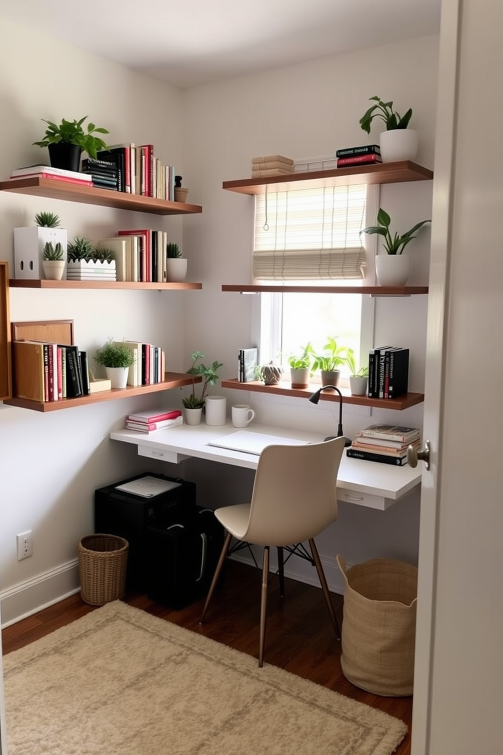 A cozy budget study room features floating shelves mounted on the walls for extra storage and display. The shelves are filled with books, plants, and decorative items, creating a personalized and inviting atmosphere. The room includes a simple desk with a comfortable chair positioned near a window for natural light. A soft rug underfoot adds warmth, while a bulletin board on the wall keeps important notes and inspiration organized.