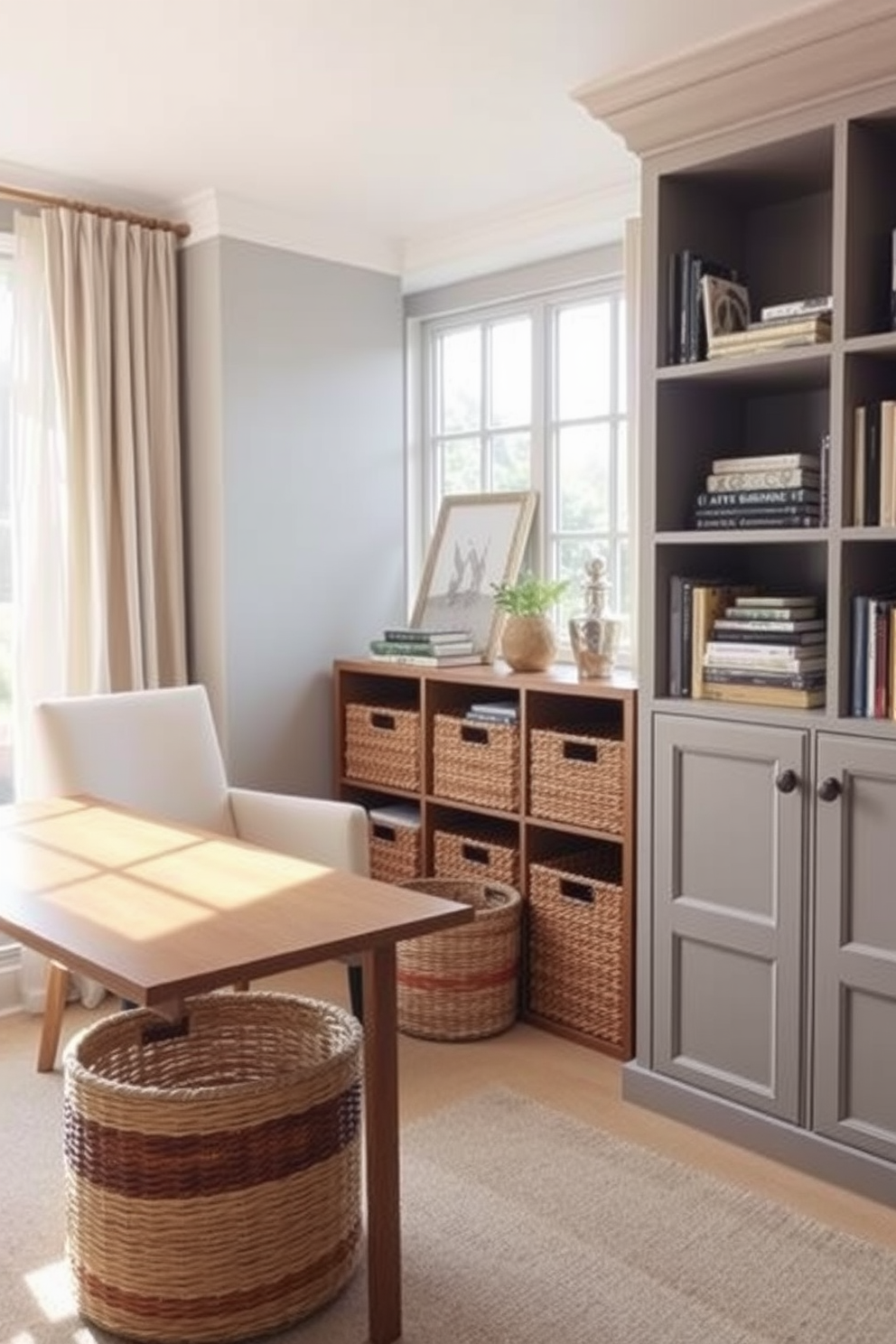 A cozy study room featuring stylish woven baskets for storage solutions. The room includes a sleek wooden desk with a comfortable chair, and the walls are painted in a soft gray tone. Natural light floods in through a large window adorned with light, airy curtains. A bookshelf filled with books and decorative items complements the space, creating an inviting atmosphere for productivity.