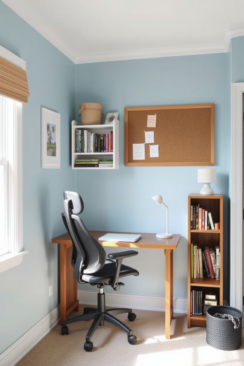 A cozy study space designed with a budget in mind. The room features a simple wooden desk paired with a comfortable ergonomic chair, positioned near a window for natural light. The walls are painted in a soft blue hue to create a calming atmosphere. A small bookshelf filled with essential books and decorative items sits against one wall, while a corkboard for notes and inspiration is mounted above the desk.