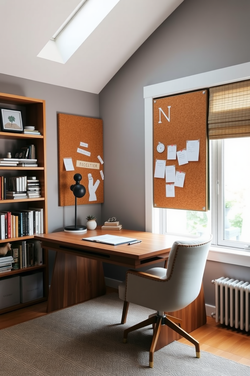 A cozy study room designed for productivity. The focal point is a large corkboard mounted on the wall for reminders and notes, surrounded by shelves filled with books and decorative items. A sleek wooden desk is positioned in front of a window, allowing natural light to illuminate the space. A comfortable chair with soft cushions invites long hours of study and focus.