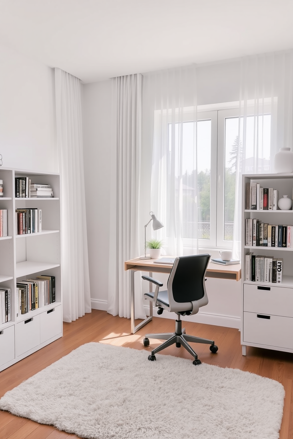 A cozy study room featuring a simple color palette of soft whites and light grays. The room includes a sleek wooden desk with a comfortable ergonomic chair and a minimalist bookshelf filled with neatly arranged books. Natural light floods the space through large windows adorned with sheer curtains. A plush area rug adds warmth to the hardwood floor, while a small potted plant sits on the desk for a touch of greenery.