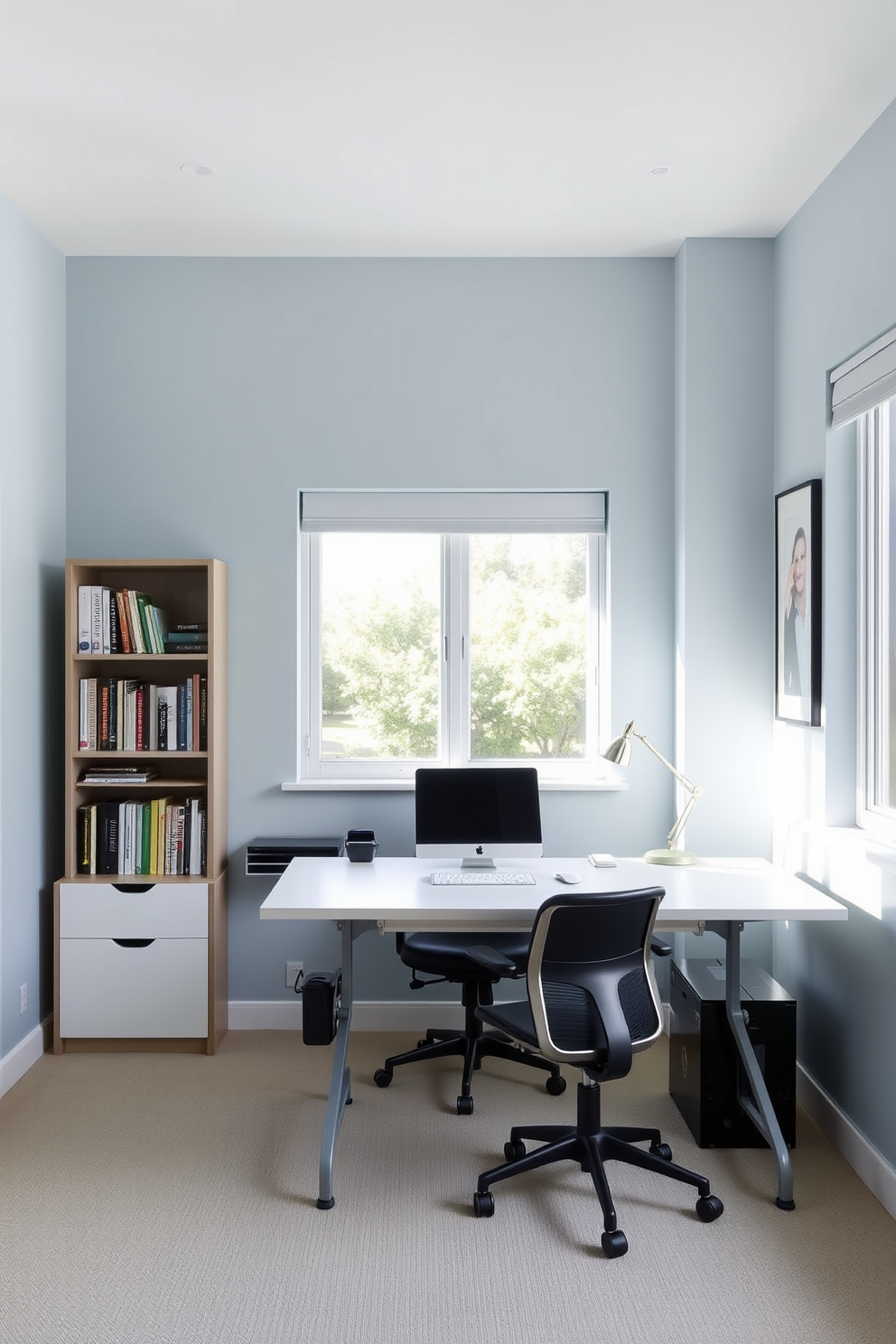 A modern study room featuring a wall-mounted desk designed for efficiency. The desk is sleek and minimalistic, with built-in shelves above for books and decor. The walls are painted in a calming light gray, promoting focus and creativity. A comfortable ergonomic chair is placed in front of the desk, complemented by a stylish desk lamp for optimal lighting.